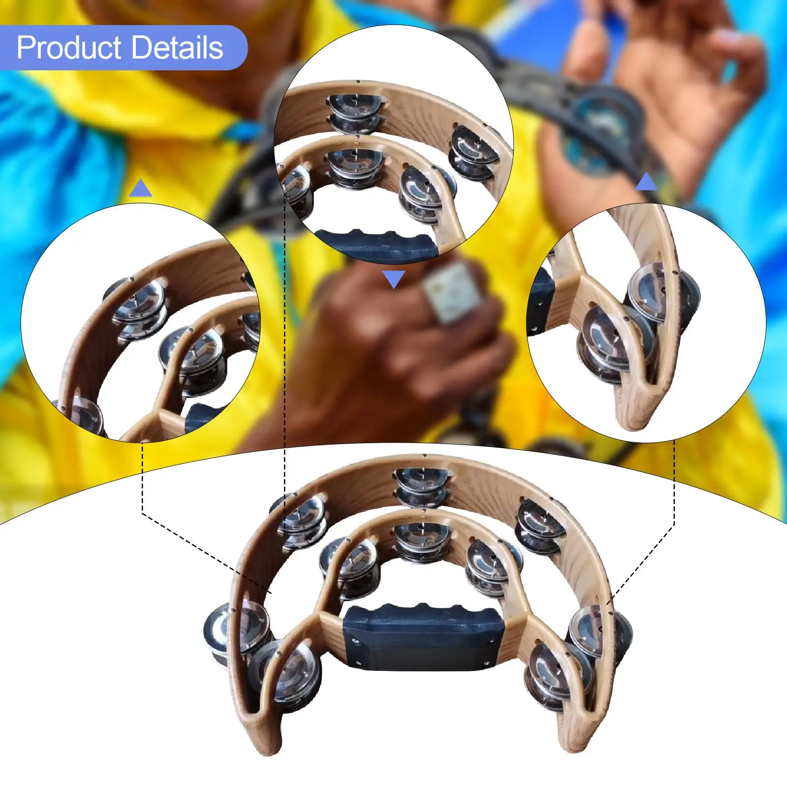 طبلة قرع الدف ذات الصف المزدوج تفضل نصف القمر مع مقبض مريح وقبضة جرس اليد للمبتدئين في المدارس KTV