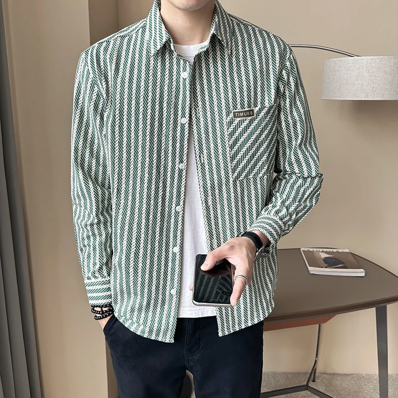 

Мужская повседневная куртка-рубашка в полоску с воротником-стойкой для весенне-летнего сезона, формальная верхняя одежда