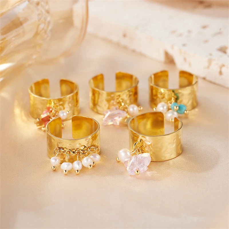 Letdiffery Fashion Colorful Zircon Rings for Women Stainless Steel Romantic Adjustable Wide Open Gold Color Fine Rings Jewelry