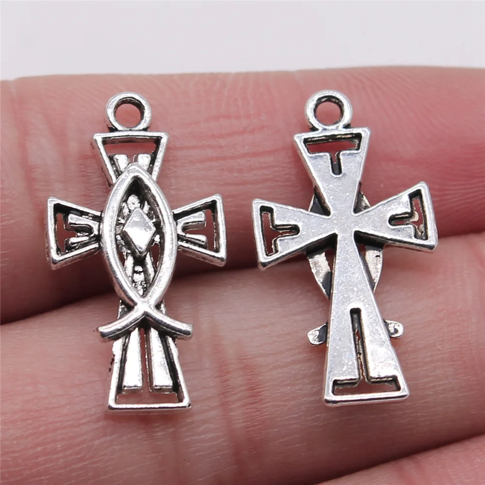 20pcs 14x26mm Alloy Charms Christian Jesus Fish Cross Pendant