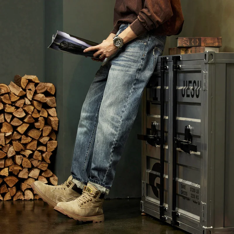 جينز أمريكي عتيق خريفي جديد للرجال فضفاض مستقيم من قماش الدنيم سروال هارلم موضة الشارع الهيب هوب ملابس العمل الجينز Y2K #4