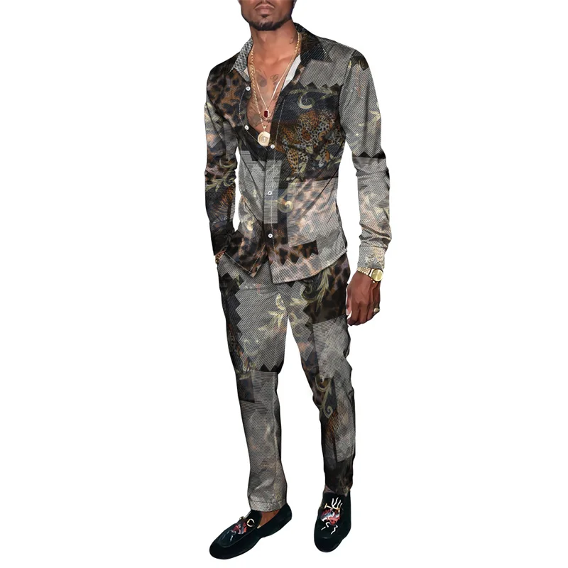 Fashion Summer Men Casual Sportswear Leopard Florial 3D Print Men\'s Lapel Long Sleeve Shirt Long Pants Two Piece Sets Clothing