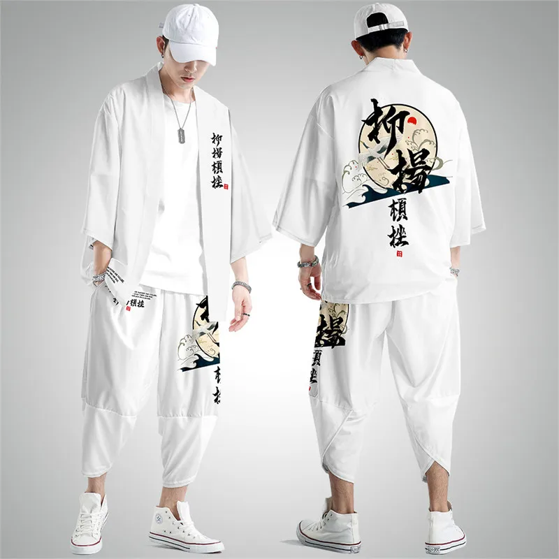 

Two-piece Suit Oversize S-6XL Crane Japanese Style Fashion Kimono And Pants Set Men Cardigan Blouse Haori Obi Asian Clothes