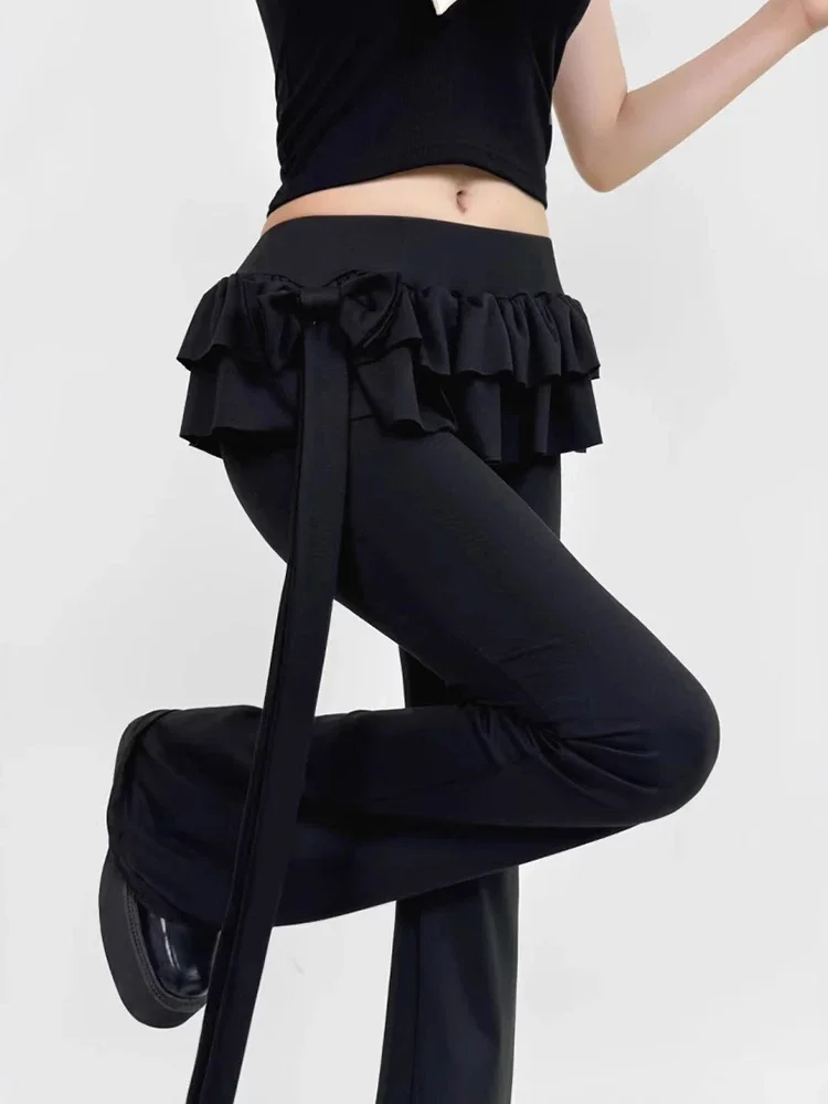 Y2K Bow Ruffles Flare Pants Women Sexy Low Waist Slim Fit Casual Skirt Pants Autumn Winter Streetwear Coquette Trousers