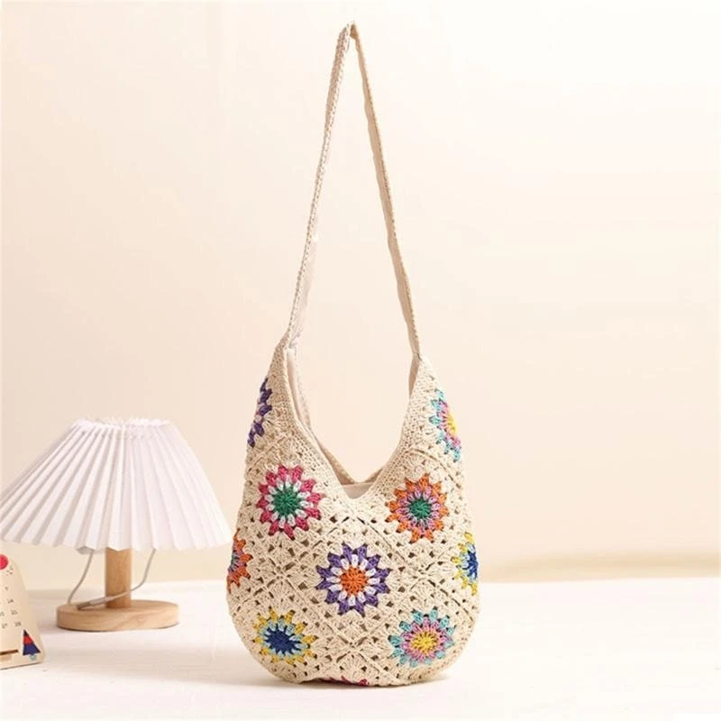 X7XC Women Knitted Shoulder Bag Beach Bag Handbag Purse Colorful Flowers Crossbody Bag Female Crochet Vacation Bag