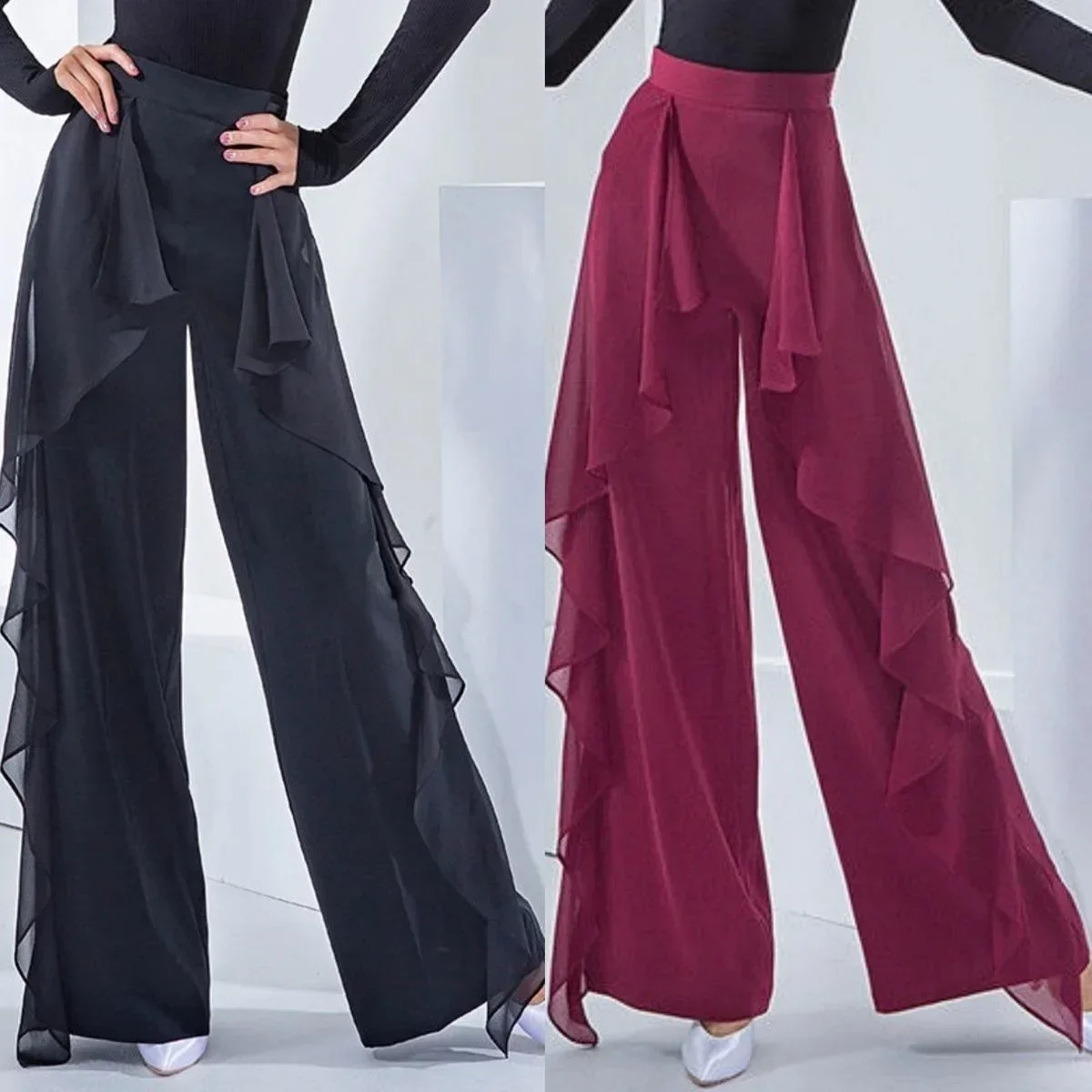 

Latin Dance New Modern Wide Leg Pants Women Female Ballroom Dance High Waist Ruffles Pants
