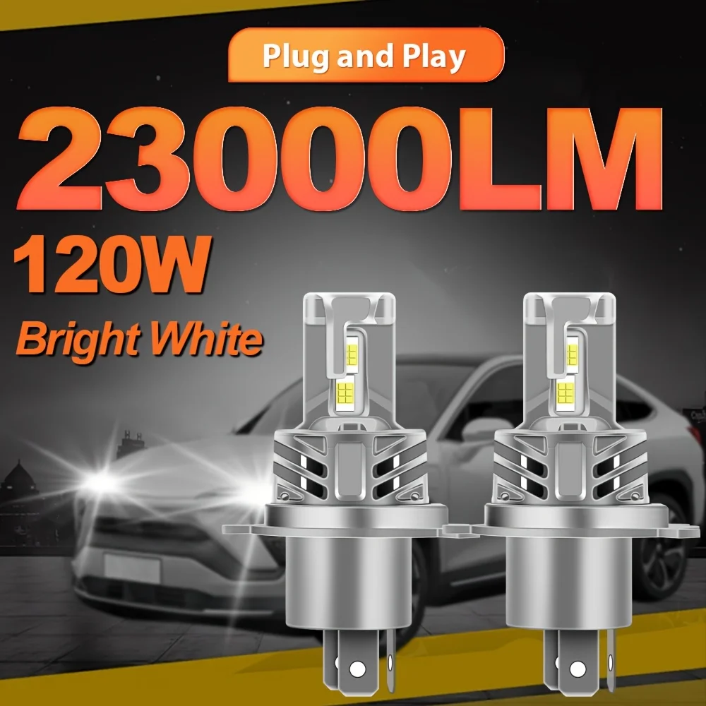 Ultrajasne reflektory LED H4 Bezprzewodowe 23000Lm 120W 6000K Białe światło, łatwe w montażu z wentylatorem chłodzącym Pasują do pojazdów 12V/24V