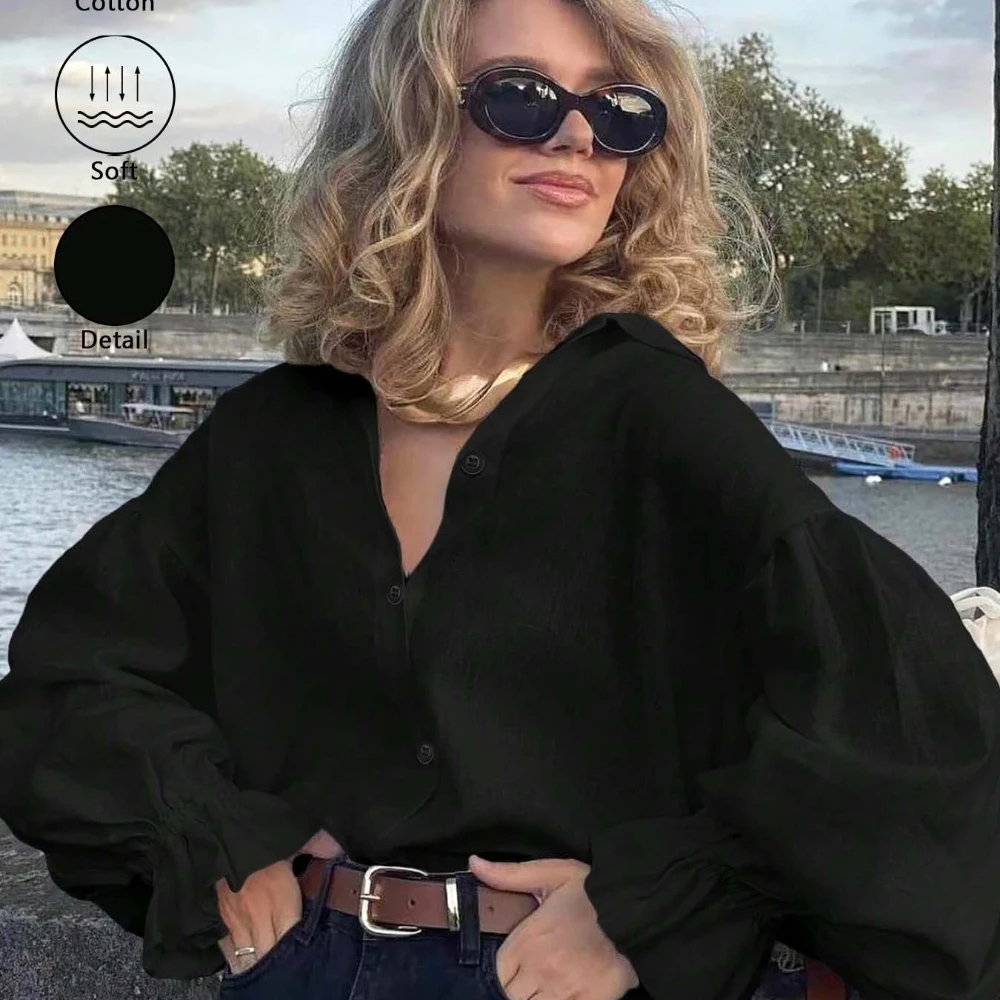 Women's 100% Cotton Collared Puff-Sleeve Shirt—a Stylish, Versatile Blouse Featuring Ruffled Cuffs.