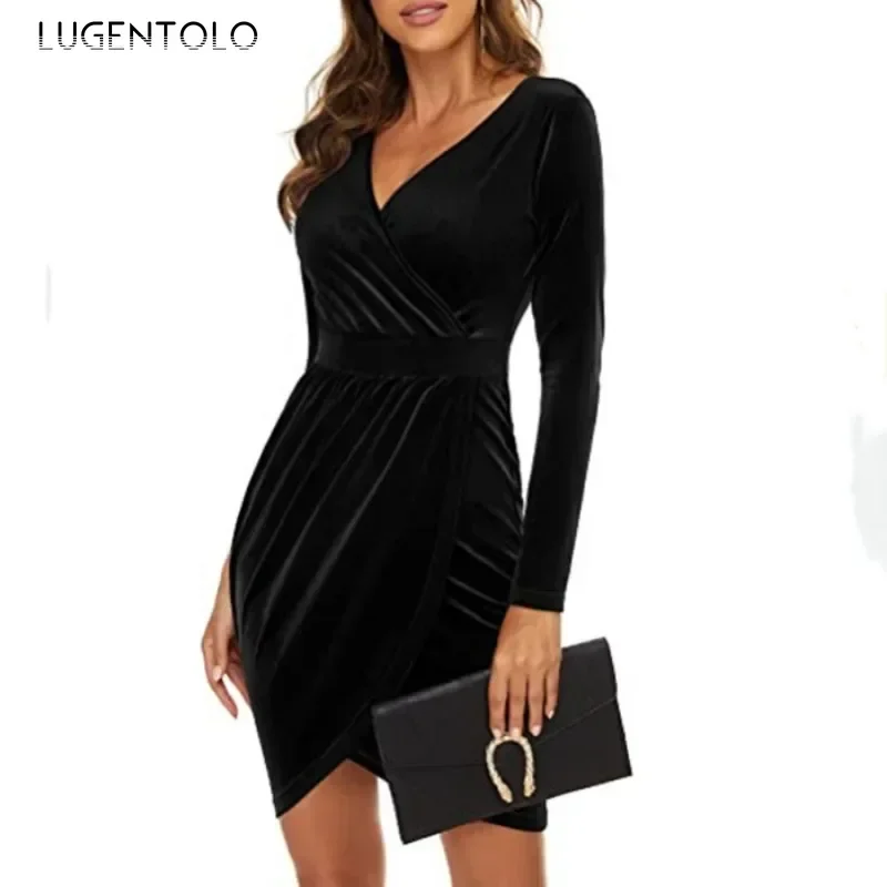 Women Midi Dress Solid Color Velvet V-neck Long Sleeve Package Hip Irregular Slit Hem Fashion Slim Fit Cocktail Party Outfit