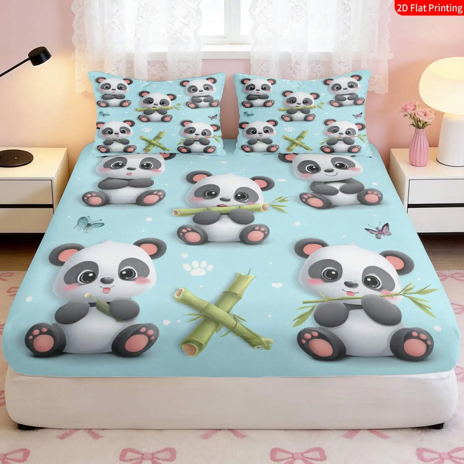 3-Piece Mattress Protector Set, 2D Flat Printed Fitted Sheet with Cute Panda Pattern, Cartoon Animal Print, Bamboo and Butterfly Design, Home Bedroom Decoration, Holiday-Themed Fitted Sheet and Pillowcase, Mattress Protector, Stain-Resistant, Mattress Cover Suitable for All Seasons, Machine Washable, Easy to Care For, Universal for Home Bedroom, Essential for Dorms and Rentals, Master Bedroom and Guest Room Decoration, Dust-Proof and Stain-Resistant, High Elasticity, Fits Various Sizes