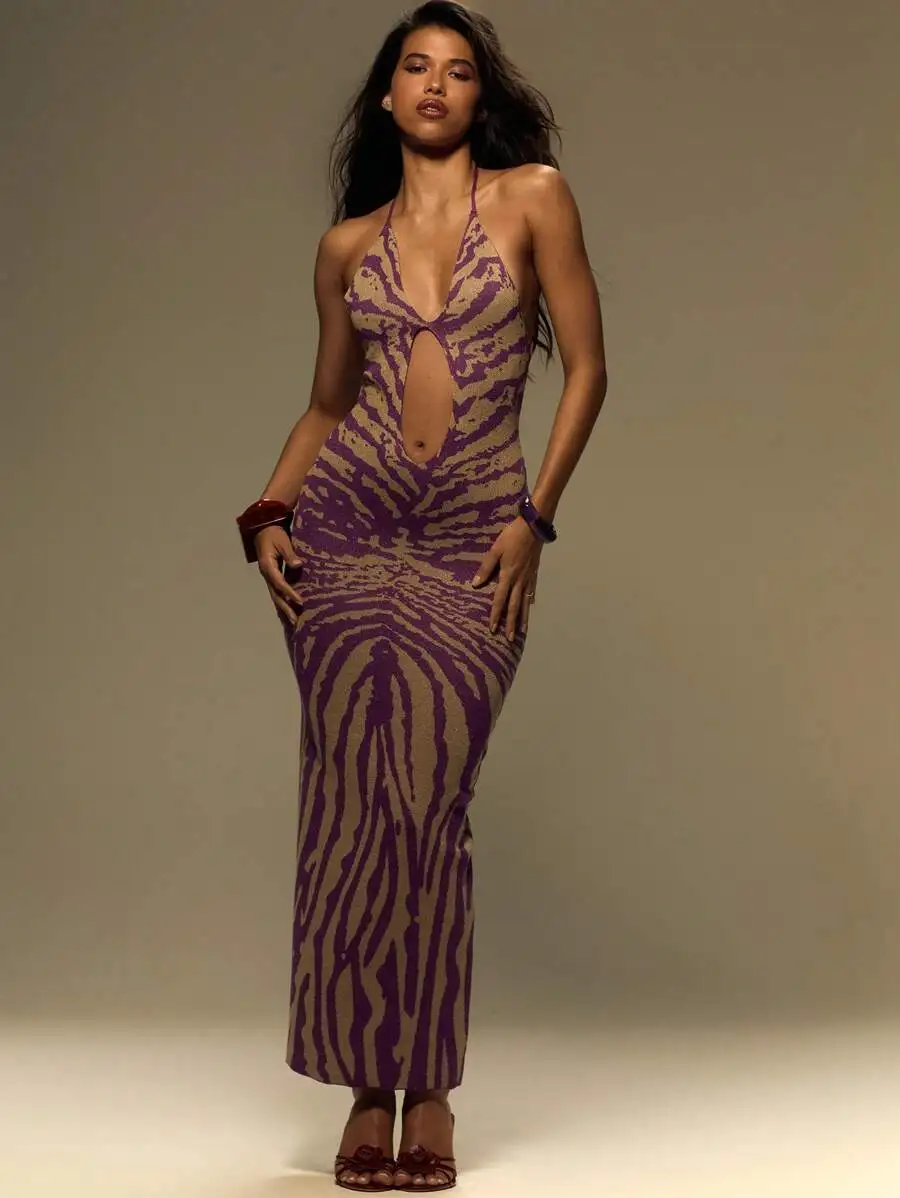 

Purple Beige Zebra Knit Halter Maxi Dress With Deep V-Neck Cutout, Tie-Up Back, Slim Bodycon Fit For Summer Festival Night