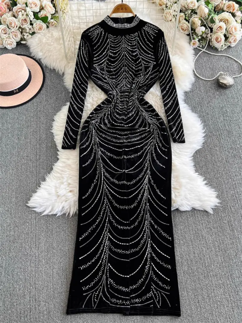 High End Elegant Dress For Women In Winter Sexy Fashion Velvet Hot Diamond Slim Fit Long Evening Dress Party Vestidos A272