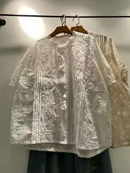 2026 Mori girl style sweet 100% cotton white lace embroidery short sleeve shirts and blouse for women boho lace shirts