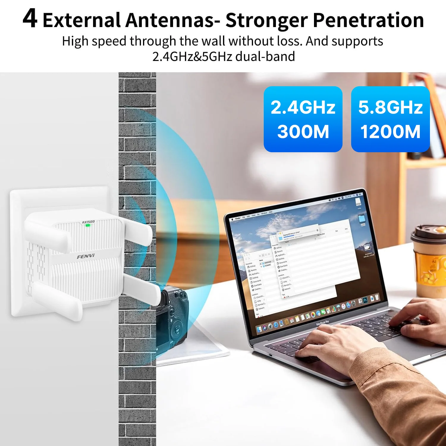 Répéteur WiFi 6 AX1500 QLOCOM 2025 – Double Bande 5 GHz + 2.4 GHz, 4 Antennes, Port Ethernet – Couverture Puissante !