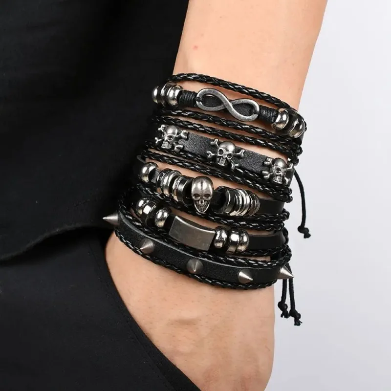 One Fashion Knitted Faux Leather Star Skull Studded Multi-Layer Bracelet Men's and Women's Hip Cool Gothic Adjustable Bracelet