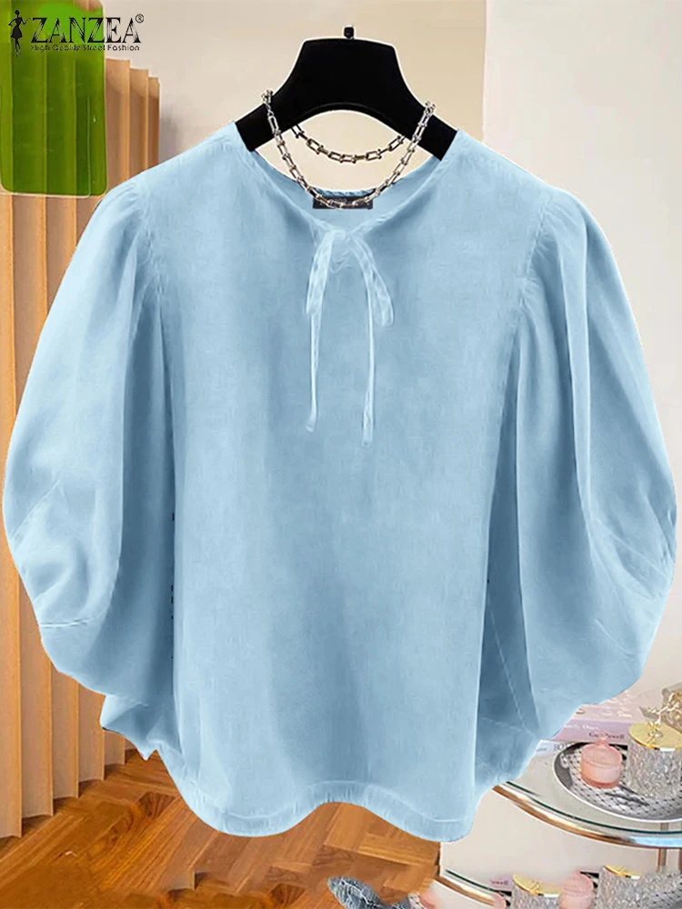 ZANZEA-Blusas informales holgadas con dobladillo y cordón para mujer, blusa de Color liso, Tops de manga 3/4 de murciélago a la moda, túnicas azules con cuello redondo 2024