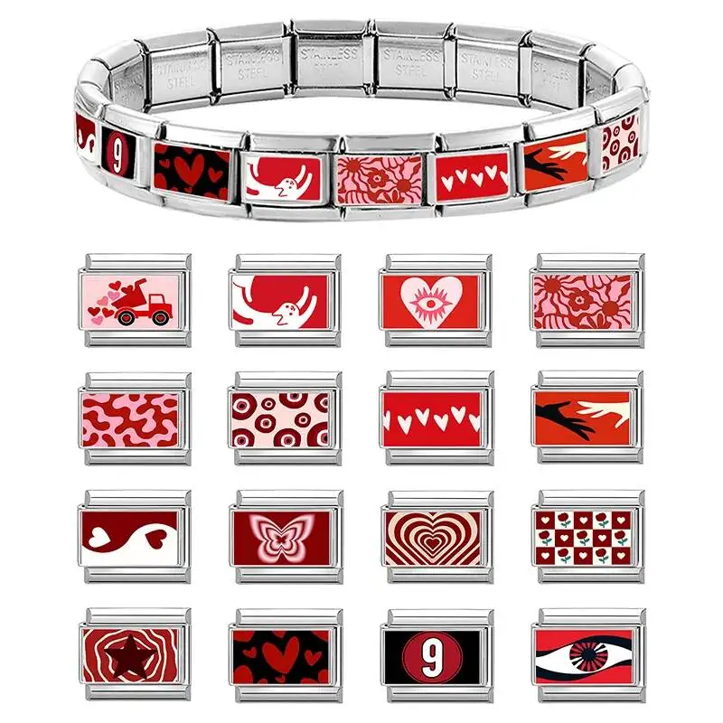 Red Heart Butterfly 9 Star Eye Cat Italian Charm Links Fit 9Mm Stainless Steel Women Bracelet DIY Jewelry Making Gifts