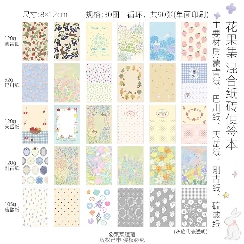 90 vellen/boek Bloemen- en Fruitcollectie Gemengd Papier Brick Notitieboekje A7 Memo Scrapbooking Materiaal