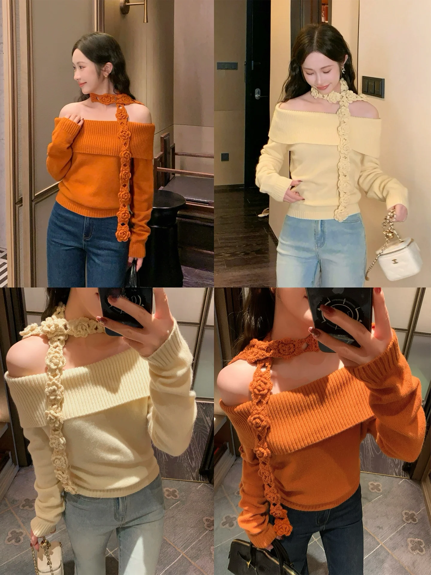 

Винтажный вязаный шерстяной свитер на одно плечо для женщин, весенняя новинка, маленький размер, от Sena Flower House