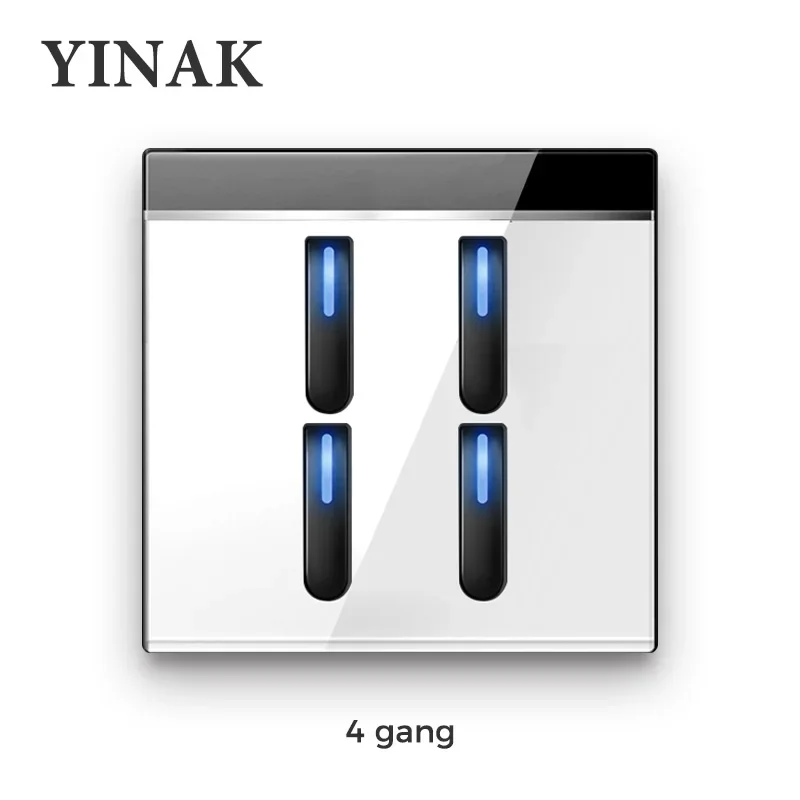 YINKA Toughened Glass Panel Wall Light Switch Self-reset 1-4 Gang  1 2 Way LED Indicator Piano Key Design Wall Mounted Switch TV
