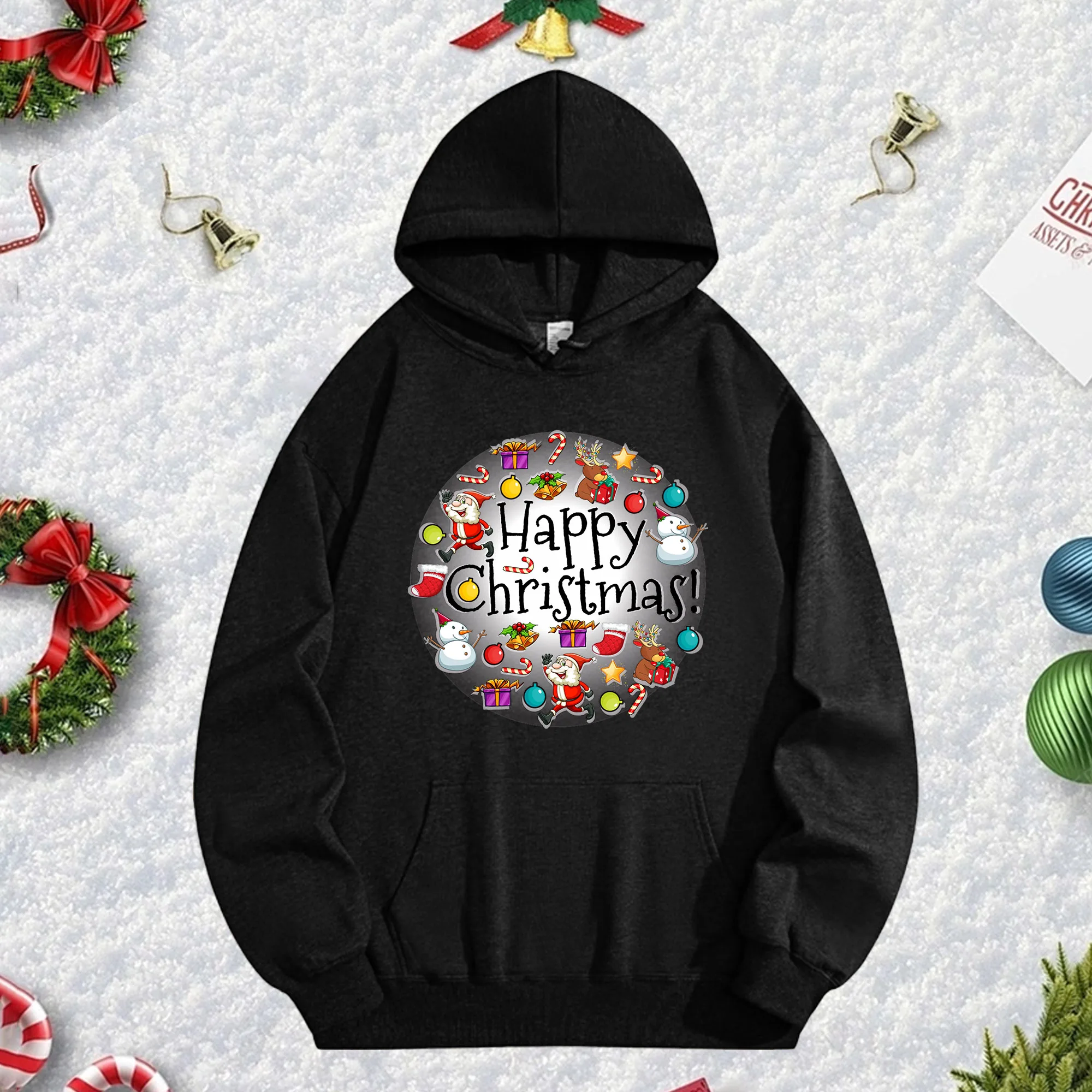 Happy Christmas 270G Black Unisex Hoodie, Cozy Fleece Pullover for Winter, Christmas & New Year Holiday Outfit