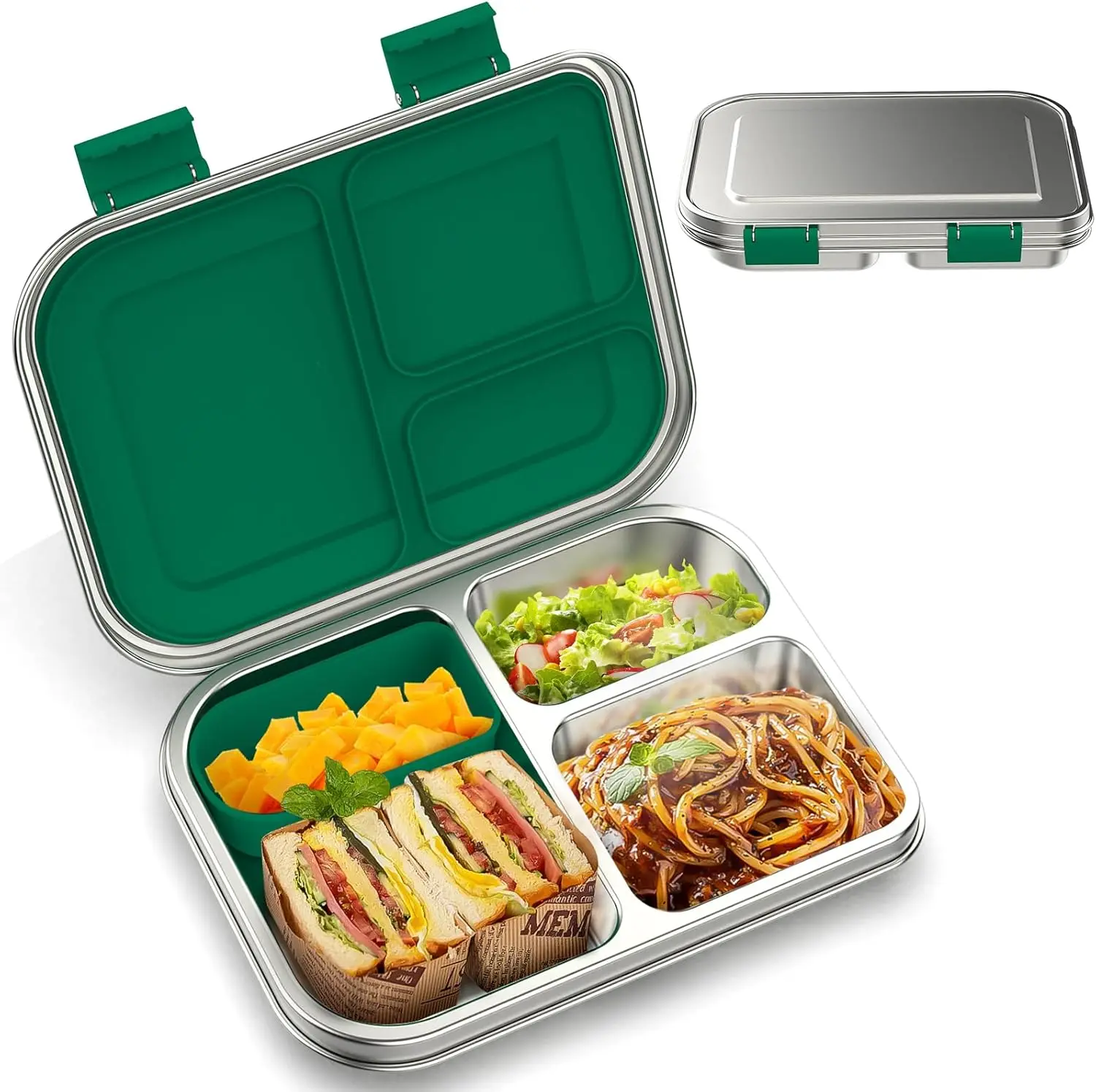 

Leak-Proof Stainless Steel Kids Bento Lunch Box, 3 Compartments with Silicone Container, Dishwasher-Safe for School & Travel