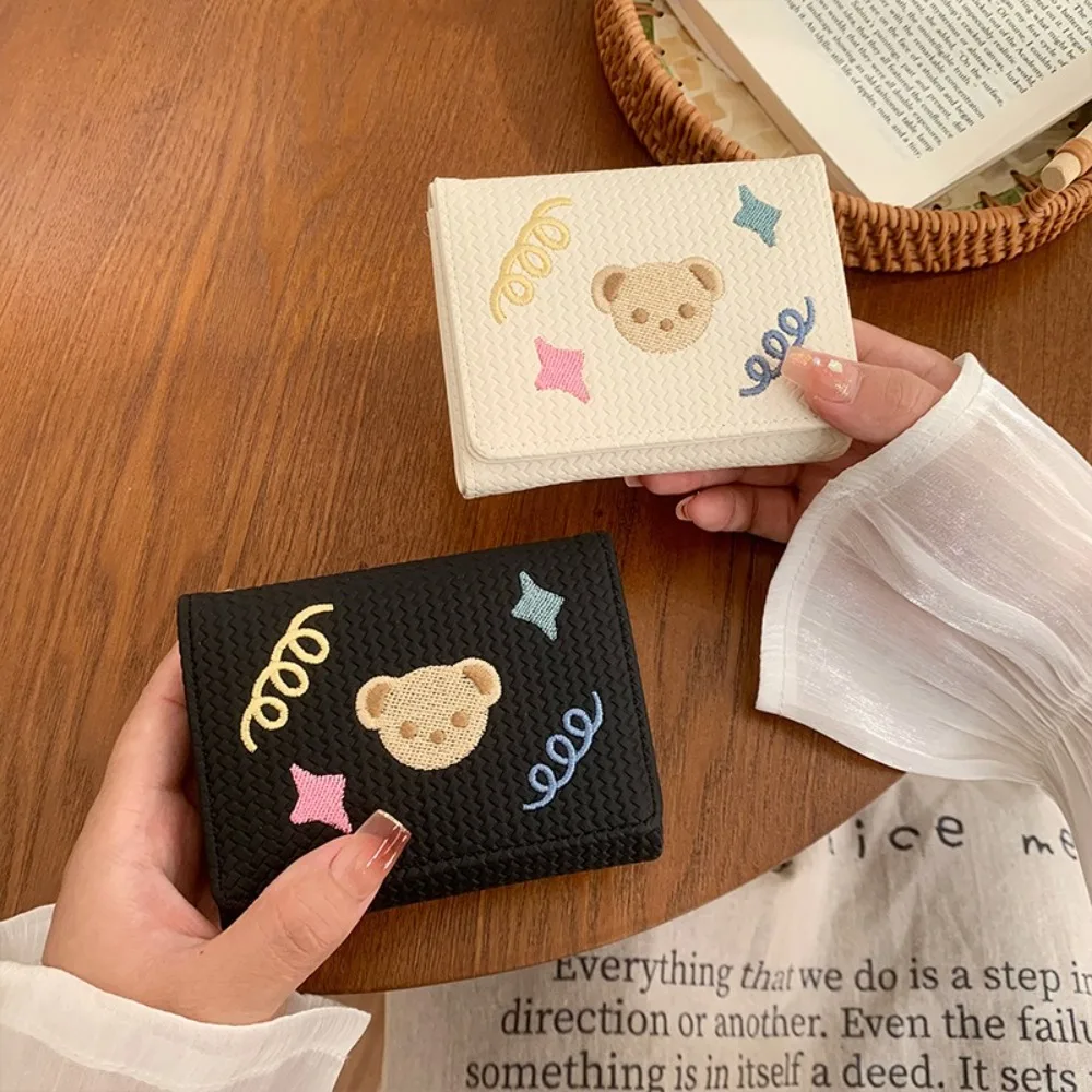 

Lightweight Cartoon Women Short Wallet Bear Embroidery Three Fold Wallet Card Holder Star PU Leather Coin Purse Outdoor
