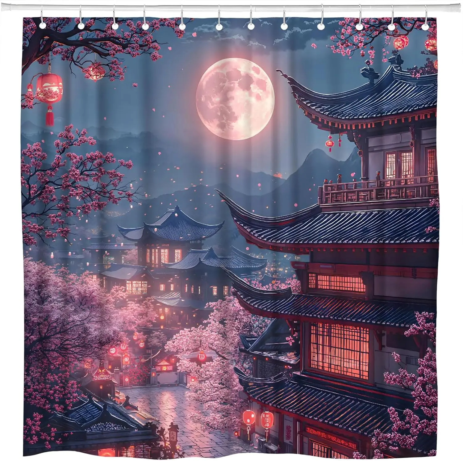 Japan Anime Shower Curtain Cherry Blossom Full Moon Lake Mountain Landscape Pink Flower Bloom Asian Oriental Starry Wonderland