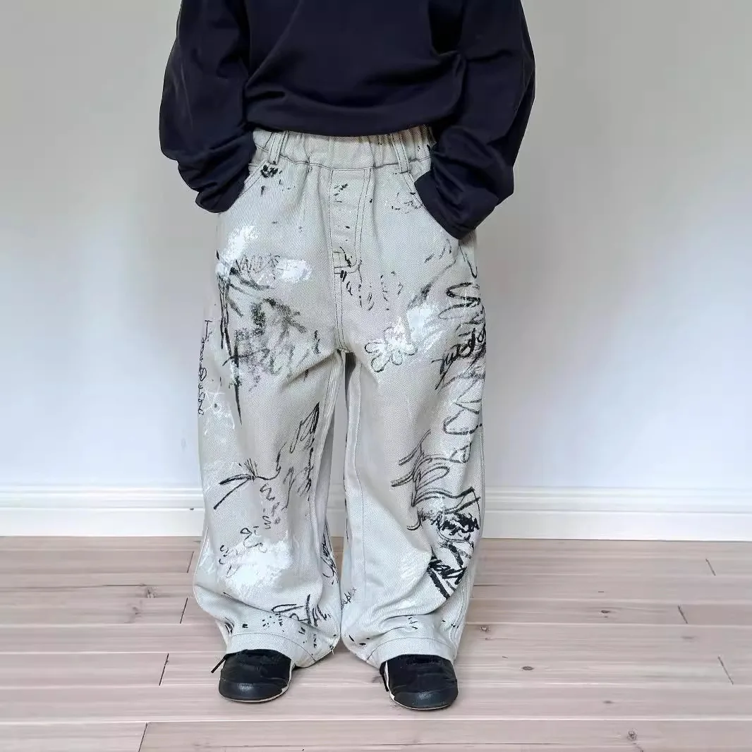 

Childrens Pants Streetwear Print Drawing 2024 Autumn New American Style Casual Loose Straight Kids Boys Pants