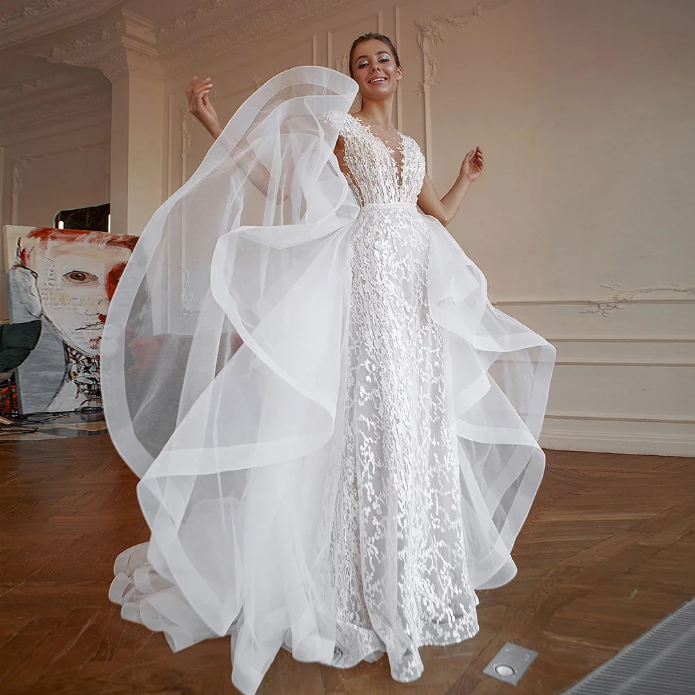 Luxurious Mermaid Pearl Decal Women's Wedding Dress Sexy V-Tie Detachable Train Ball Bridal Dress Vestido De Noiva Customized