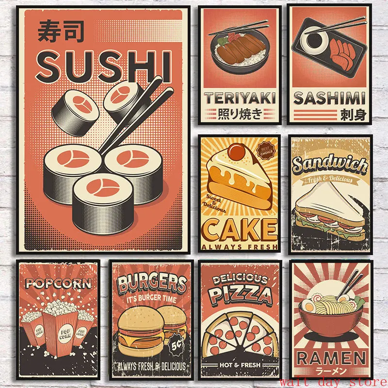 Retro Japanese Food Posters Ramen Sashimi Sushi Fries Popcorn Burger Canvas Painting Teriyaki Pizza Wall Picture Kitchen Decor