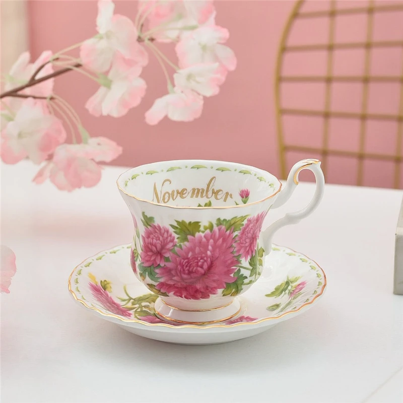 Coffee Cup and Saucer Set Month Flower Mug Bone China Drinking Set Ceramic Cup and Saucer Home Teacup Dessert Saucer Gifts - Image 5