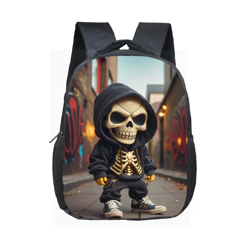 Mochila con estampado de esqueleto Hip Pop de 12 pulgadas para 2-4 años, mochilas escolares para niños de guardería