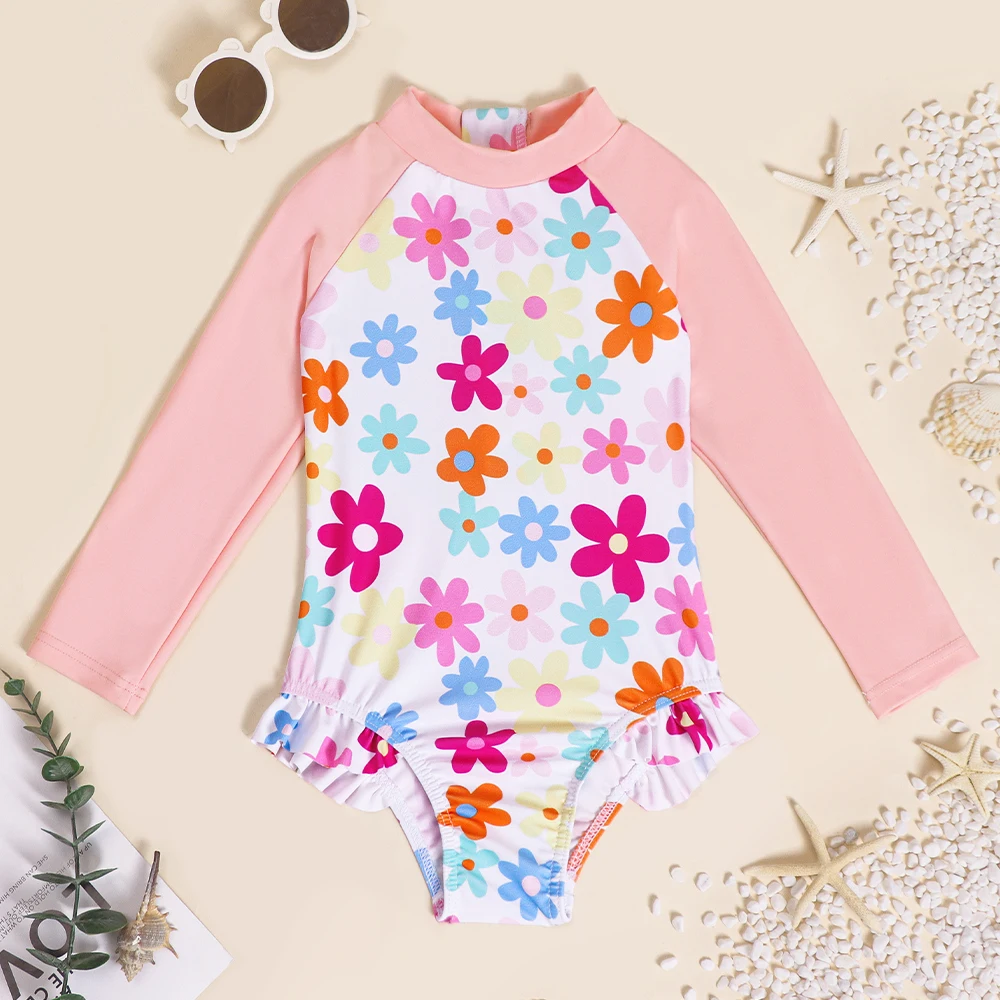 Baby Girls One Piece Swimsuits Long Sleeve Rash Guard Swim shirt Kids Hawaiian Bathing Suits Toddler Kids Zipper Swimwear