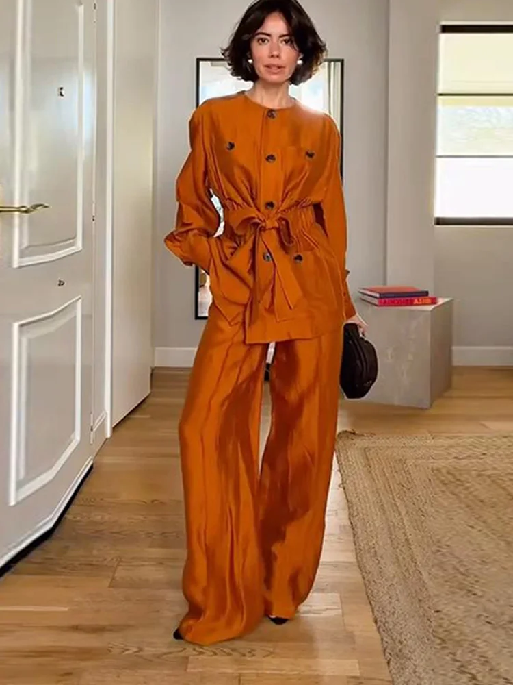 O-Ausschnitt, Schnürung, Multi-Pocket-Cargo-Mäntel, Hosenanzüge, Damen, sportlich, langärmlig, einreihig, schmale Oberteile, Hosen mit weitem Bein, Outfits – Detail 13