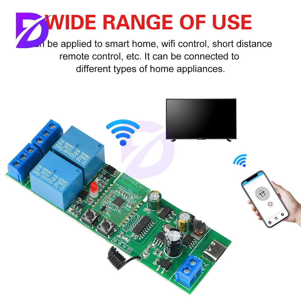 AC/DC 7-32V/tipo-c 5V 2-CH BT WIFI módulo de interruptor de relé versión Rf módulo de bloqueo Jog admite Control remoto Rf de 433Mhz