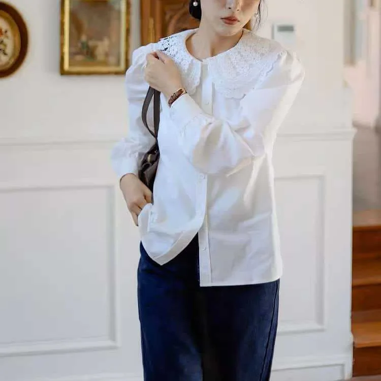 

Casual Cotton Silk White irt Embroidered Doll Collar Women's Top Soluble in Water Layered Ele Long Sve Spring irt