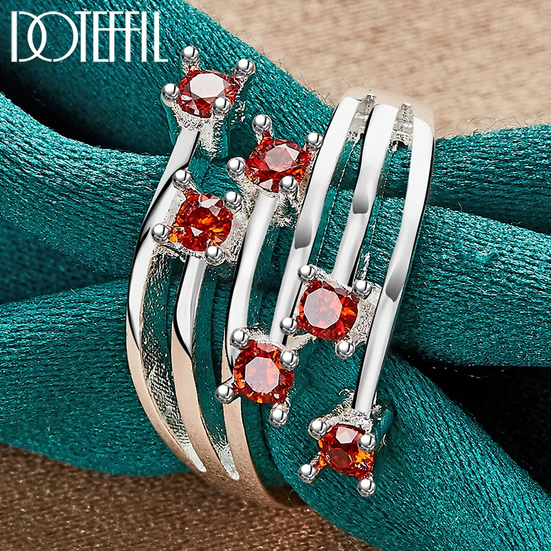 DOTEFFIL 925 Sterling Silver Round Red AAA Zircon Ring For Women Man Wedding Engagement Party Fashion Charm Jewelry