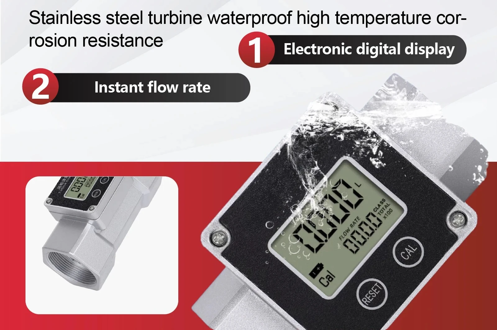 Threaded 1‑1.5‑2 Inch with Instant & Total Display, for Water / Liquid / Urea，Stainless Steel Digital Turbine Flow Meter