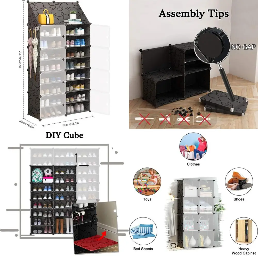 

8-уровневый шкаф для хранения обуви с дверцами, портативный органайзер на 32–64 пары, держатель для ключей, идеально подходит для домашних прихожей (черный)
