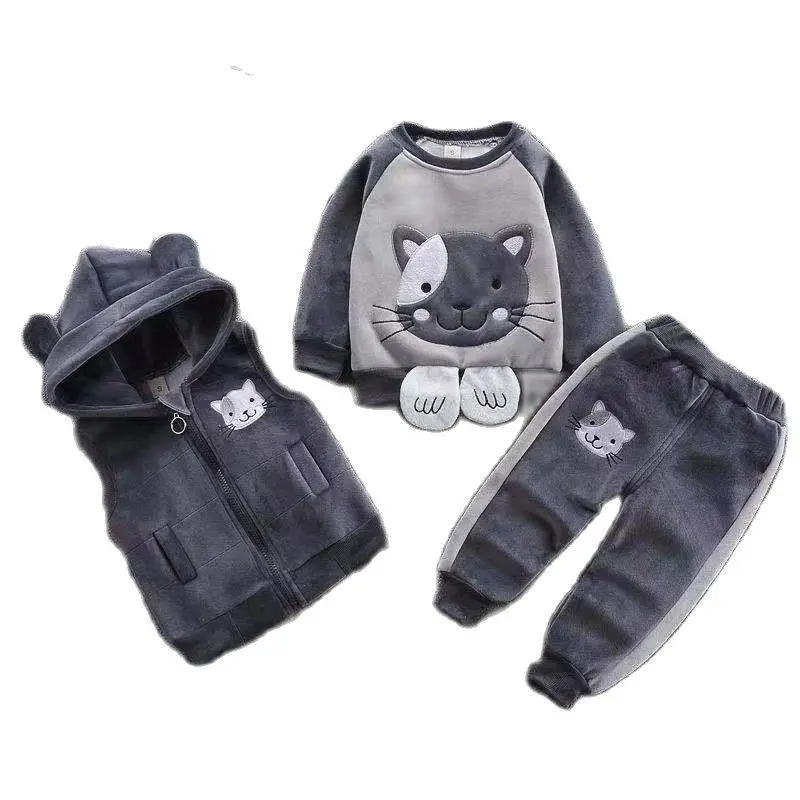 Baby Boys Girls Set Tricken Fleece Cartoon Children Hooded Outerwear Tops Pants 3PCS Outfits KidsToddler Warm Costume Suit 0-4Y