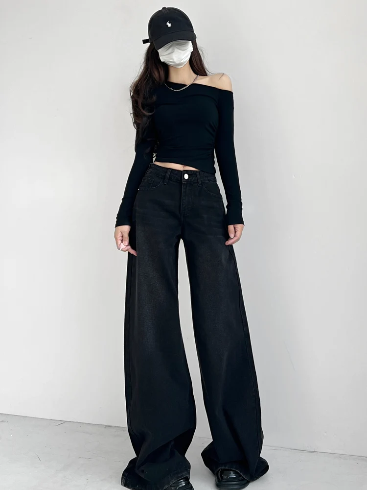 로우 웨이스트 와이드 레그 플로어 렝스 디스트레스드 데님 팬츠 여성용 블랙 아메리칸 레트로 핫 걸 롱 트라우저 슈퍼모델 다리