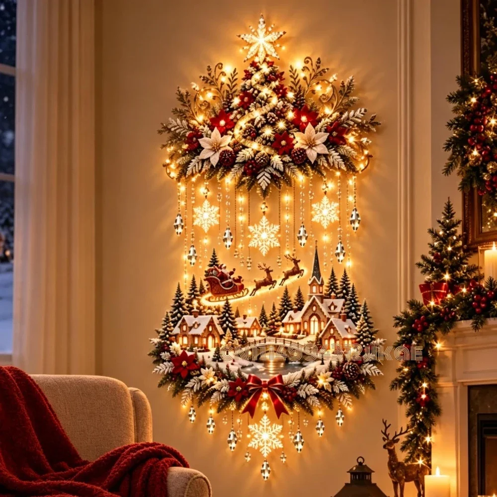 Illuminated Christmas Tree & Village Wall Hanging Cascading Warm Lights,Tree And Village Scene | Warm Cascading Lights