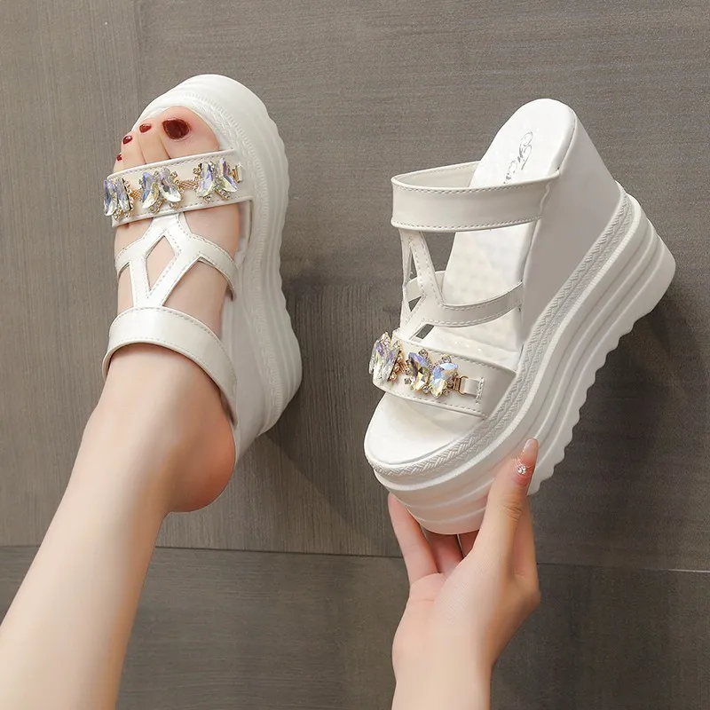 Summer Women\'s Slippers To Wear Out Open-toed Wedge Sandals Fashion Platform Rhinestone Butterfly 12cm High Heels Female Slides