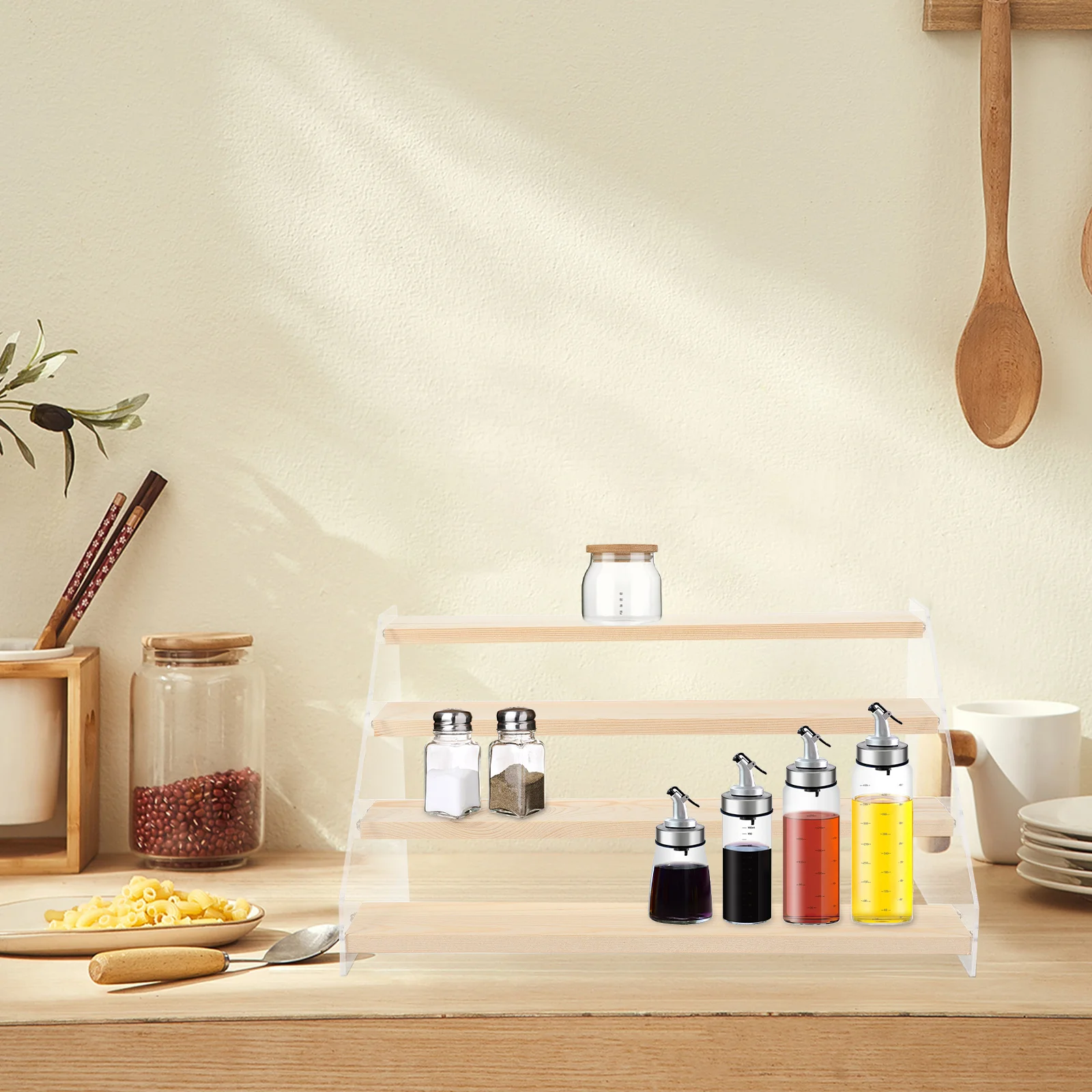 

Multi-Layer Display Shelf Kitchen Spice Rack Acrylic Wood Countertop Organizer For Jars Bottles Cosmetics Toiletries Tiered