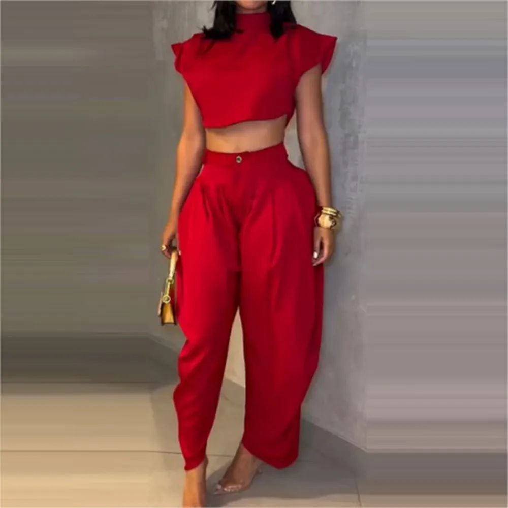 Women's Sexy Ultra-short Top And Trousers 2 Piece Set Summer Fashion High-waisted Lantern Trousers Female Streetwear Set 2025