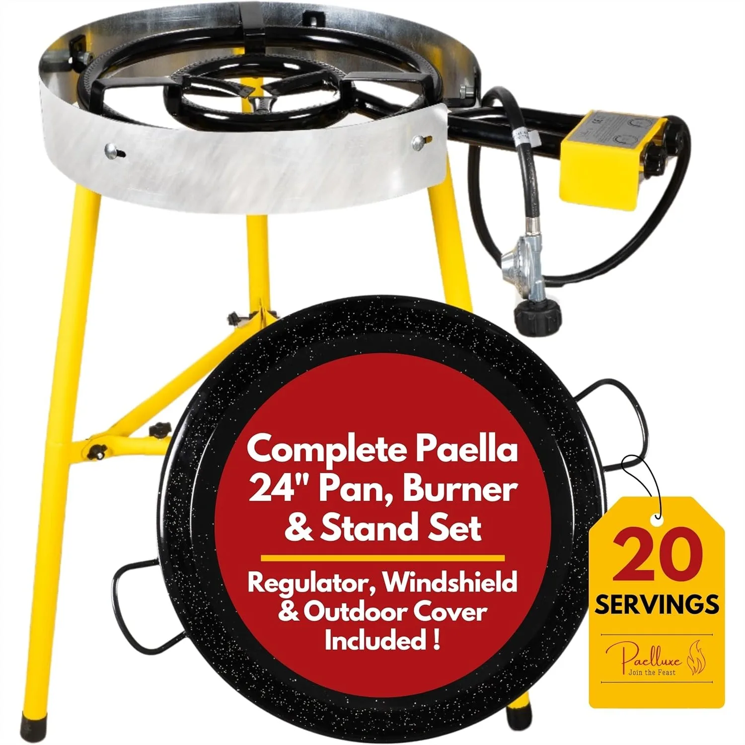 Juego de quemador y soporte para paella, 20 porciones, sartén para paella de 24 pulgadas, estufa de propano doble para exteriores con regulador, cocina de gas portátil para