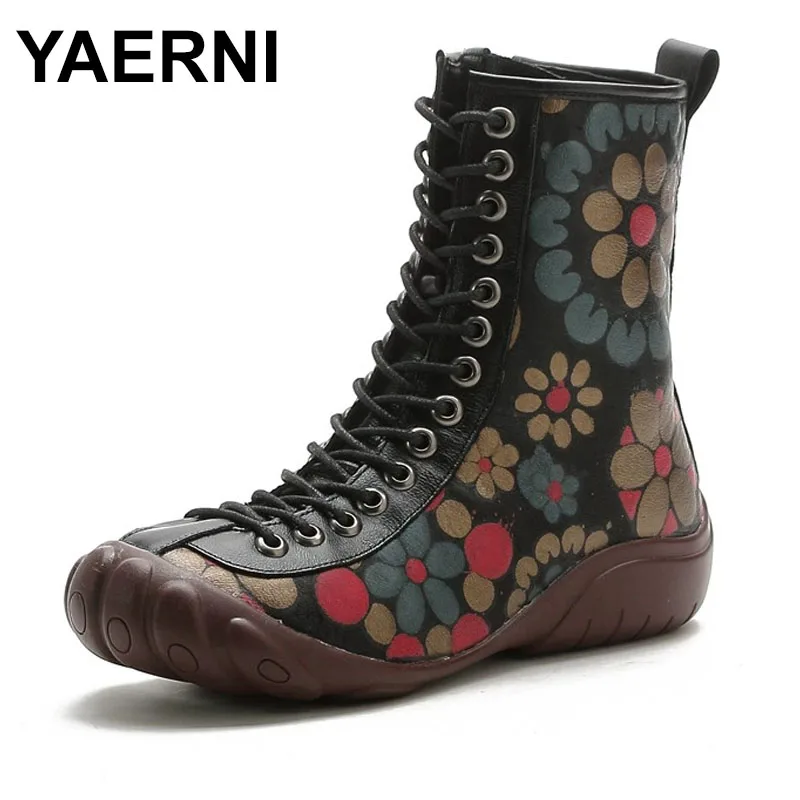 

Autumn Winter Floral Print Retro Ethnic Women's round Toe Flat Bot ort Boots Mom oes Genuine Leather Soft Sole