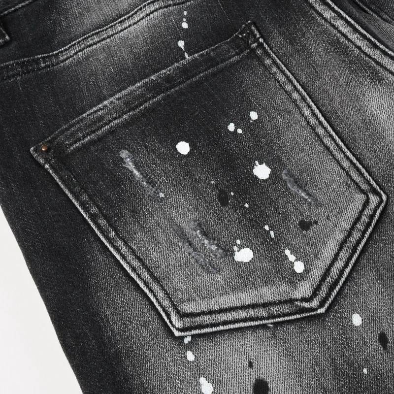 

Fashionable new black and gray men's jeans, painted, washed, nostalgic, perforated, patched, elastic, slim fit jeans, hip-hop br