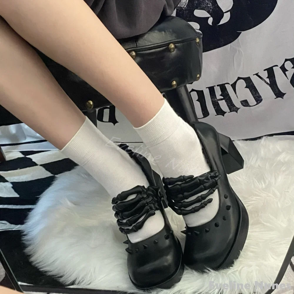 

Gothic Skull Claw Design Leather Lolita Shoes Women Rivet Lace Platform Strange Style Pumps 2024 Fashion Shoes Halloween Limited